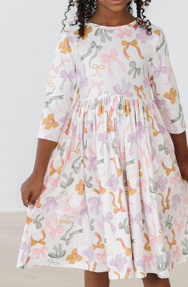 boho-bows-3-4-sleeve-pocket-twirl-dress Mila &  Rose - Sophia's Style-Boho Bows 3/4 Sleeve Pocket Twirl Dress-6-12M--1